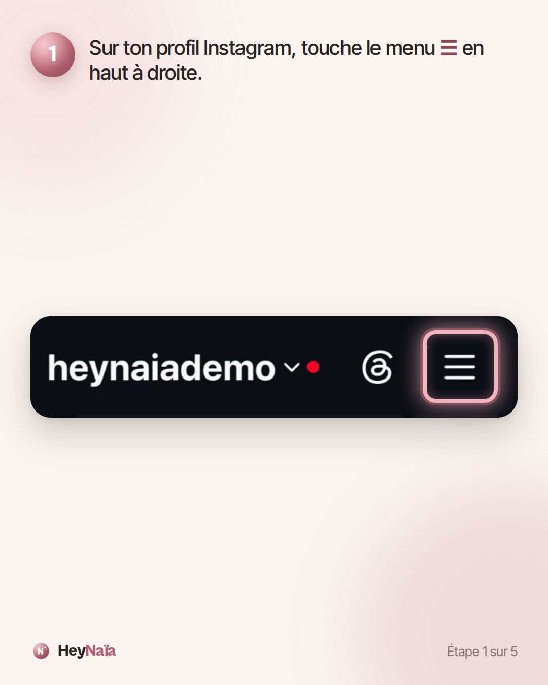 Capture d'Instagram : en haut du profil, à droite du nom du compte, le menu ☰ (trois traits) est entouré.