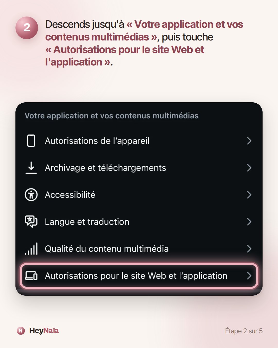 Capture d'Instagram : la section « Votre application et vos contenus multimédias », avec la dernière ligne, « Autorisations pour le site Web et l'application », entourée.