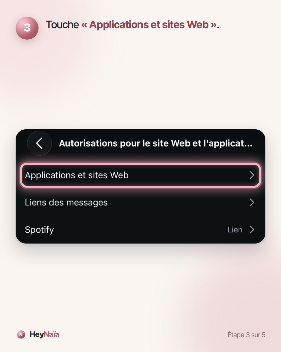 Capture d'Instagram : l'écran « Autorisations pour le site Web et l'application », avec la ligne « Applications et sites Web » entourée.